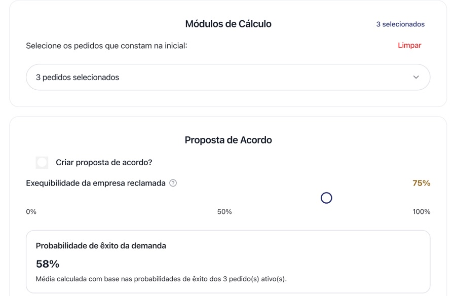 Tela do módulo Módulos de cálculo e acordo da Calculadora de Verbas Trabalhistas