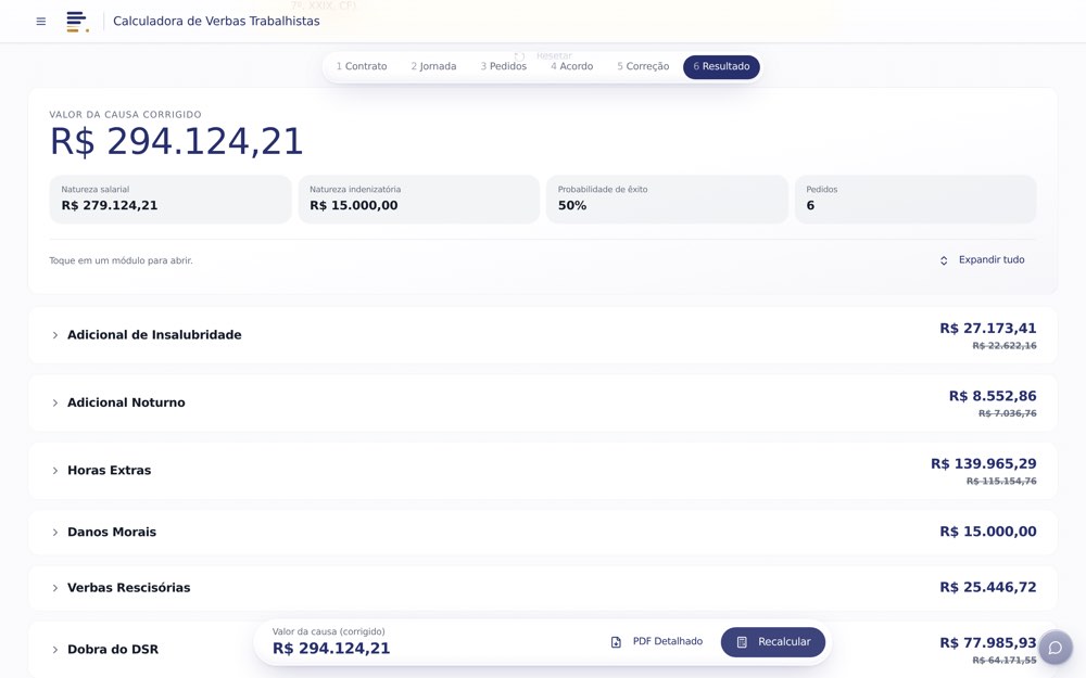 Tela da Calculadora de Verbas Trabalhistas: O valor da causa corrigido em destaque