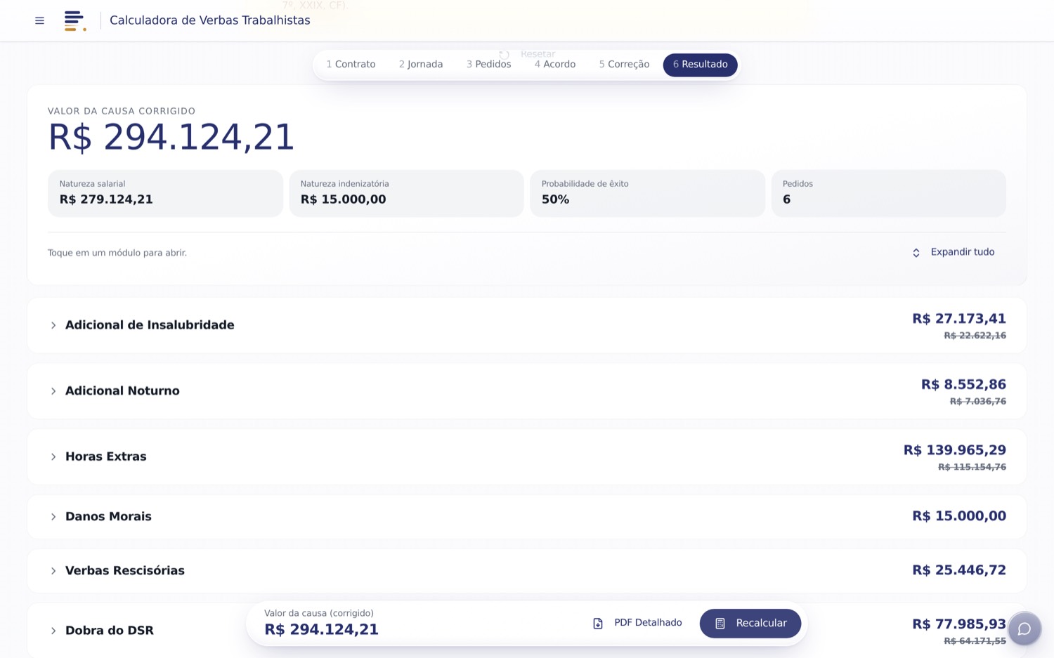 Tela de resultado da Calculadora de Verbas Trabalhistas