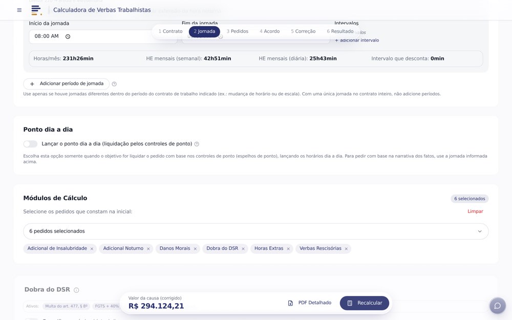 Tela da Calculadora de Verbas Trabalhistas: Ilhas flutuantes de vidro