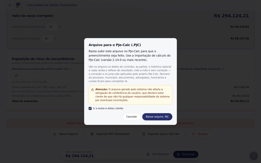 Tela da Calculadora de Verbas Trabalhistas: Arquivo para o PJe-Calc (.PJC)