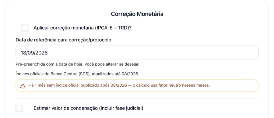 Tela do módulo Correção monetária da Calculadora de Verbas Trabalhistas